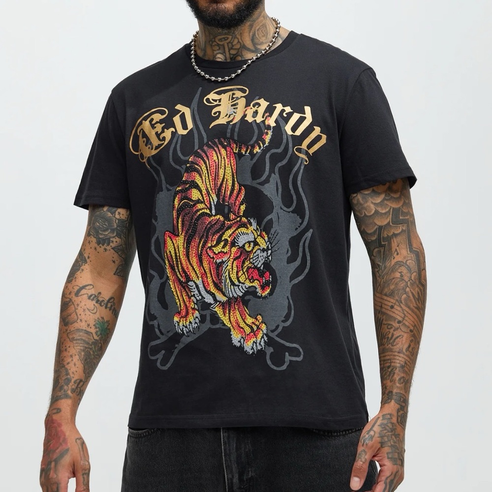 Ed Hardy Black Tee with Gold Script and Multicolor Tiger Graphic